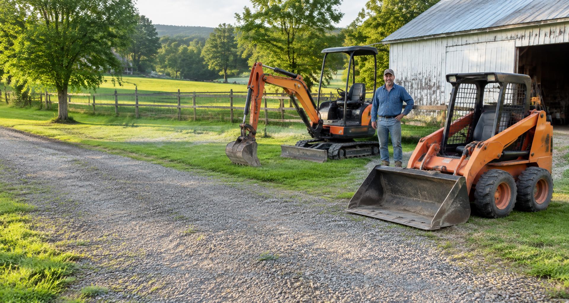 Mini excavator and skid steer beside a Virginia barn